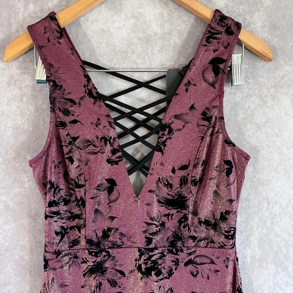 Privy Bodycon Dress Womens Medium Plum Metallic Floral Velvet Lace Up PD4380 NEW